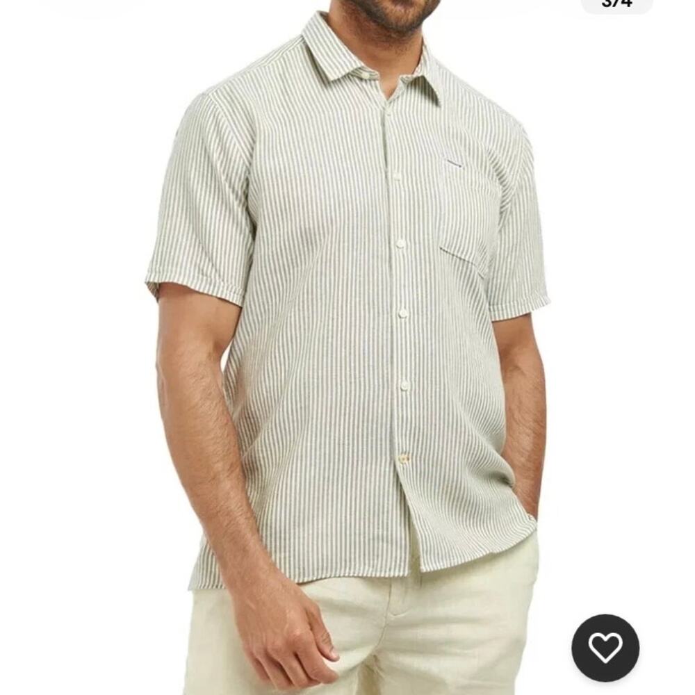 Barbour Mens XXL Deerpark Regular Short Sleeved Shirt Striped Linen Blend Summer